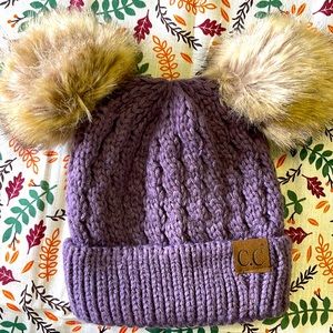 Kid’s size C.C. double fur Pom-Pom hat, eggplant in color